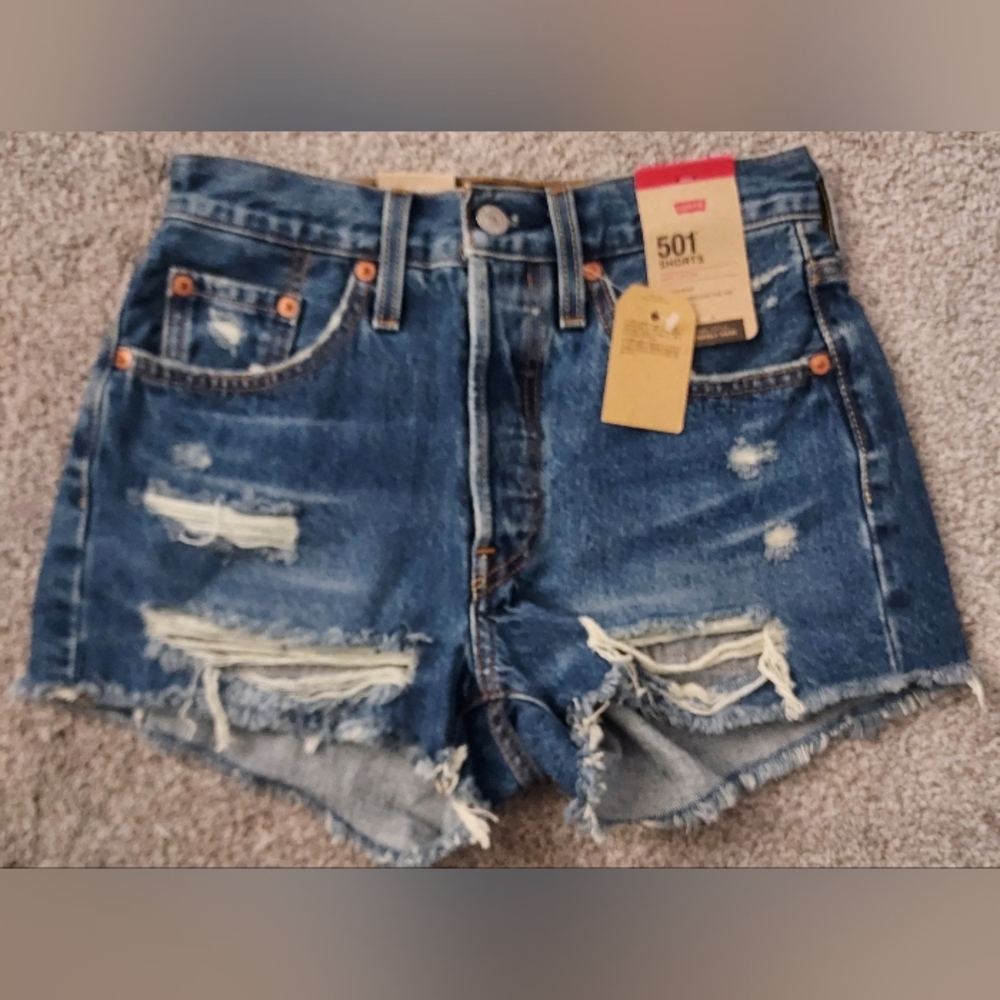 Levi's 501 Distressed Denim Shorts Womens W24 Ripped Frayed Hem Blue Jean Jorts